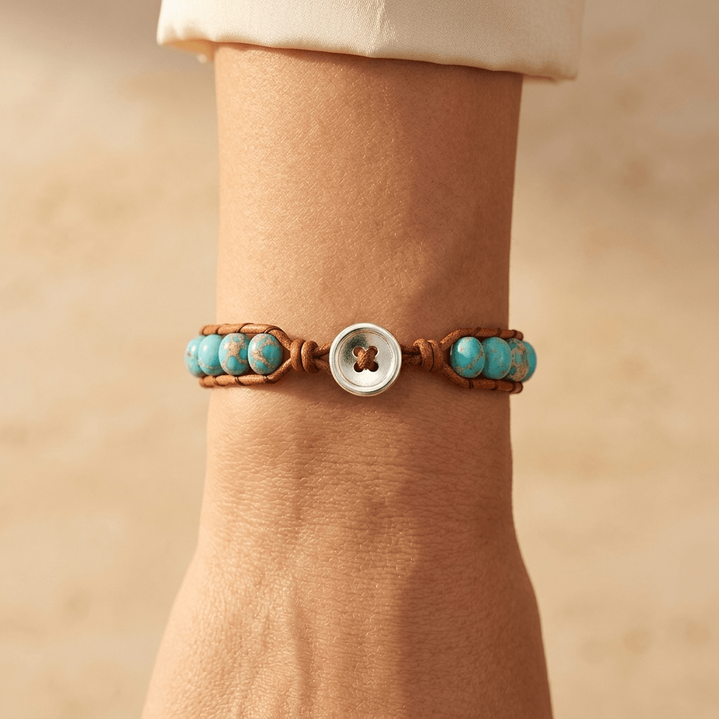 Turquoise Jasper Silver Button Wrap Bracelet