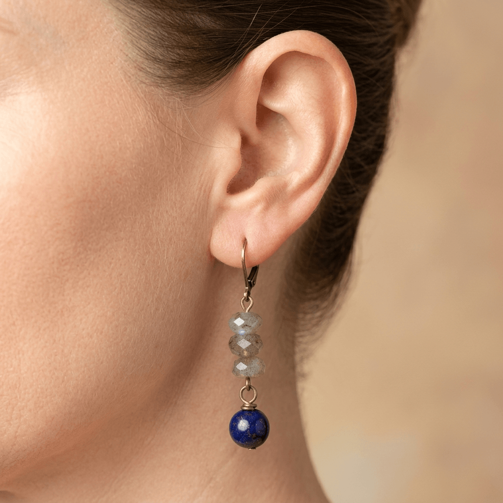 Labradorite Lapis Lazuli Brass Drop Earrings