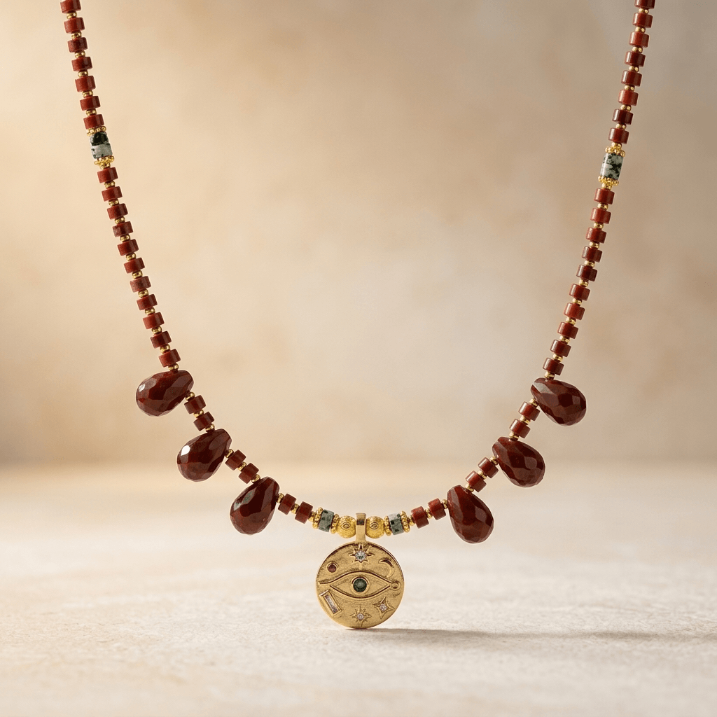 Red Jasper Gold Egyptian Eye Charm Necklace