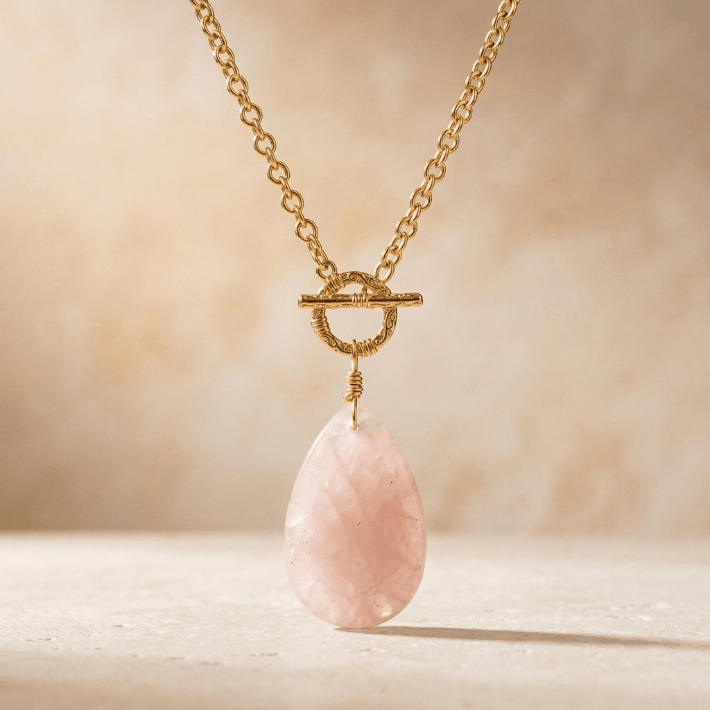 Rose Quartz Teardrop Gold Toggle Necklace