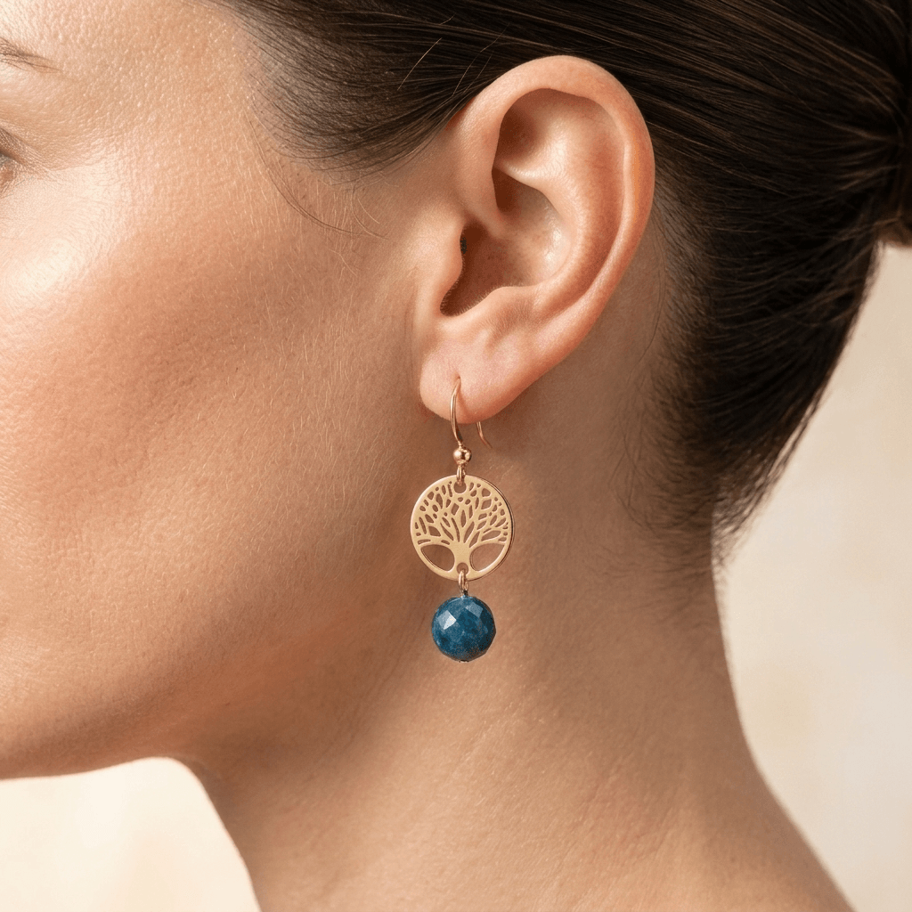 Gold Tree Of Life Blue Apatite Drop Earrings