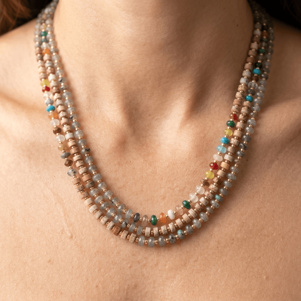 Colorful Gemstone Gold Beaded Layered Necklace