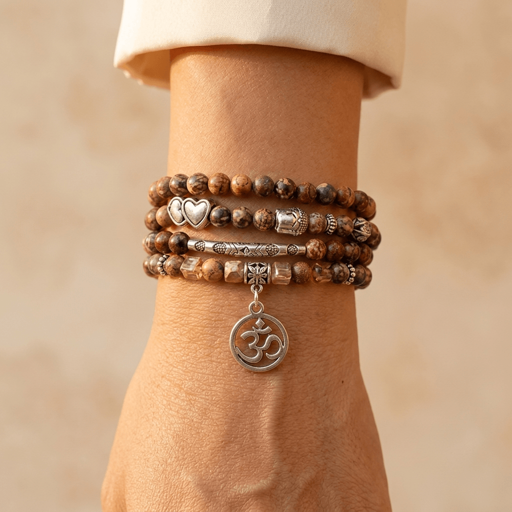 Natural Mookaite Om Charm Beaded Bracelet