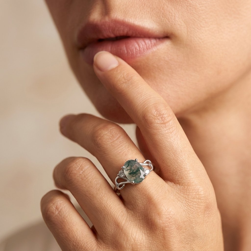 Natural Moss Agate Silver Infinity Ring