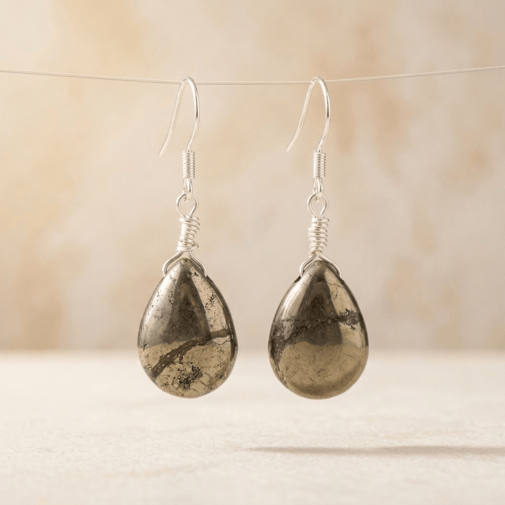 Natural Pyrite Teardrop Silver Earrings