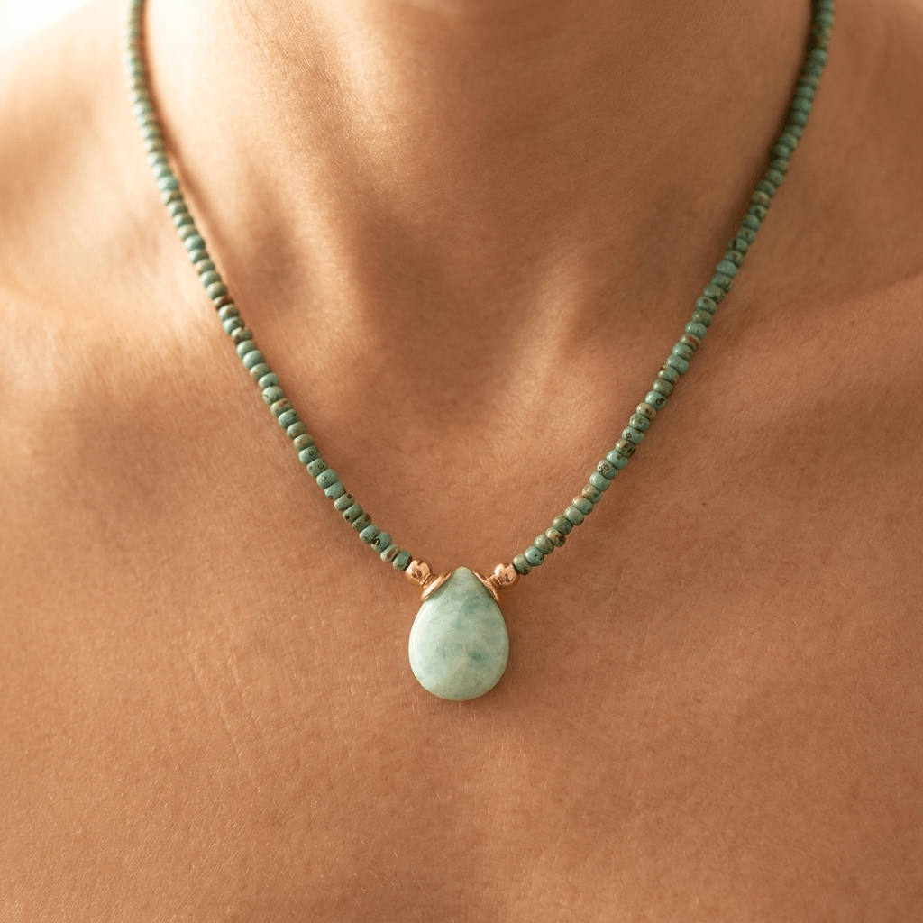 Green Jade Beaded Teardrop Pendant Necklace