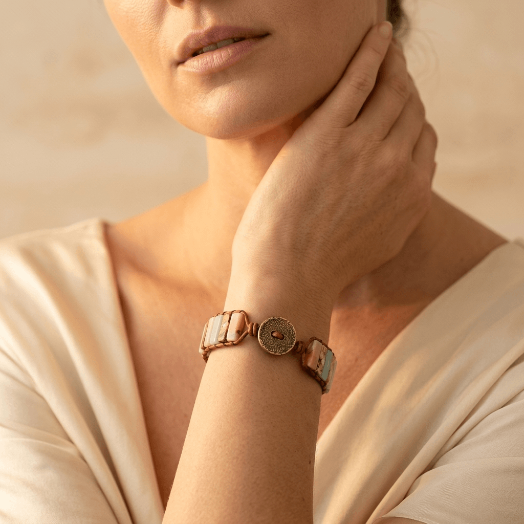 Handmade Jasper Agate Stone Leather Bracelet