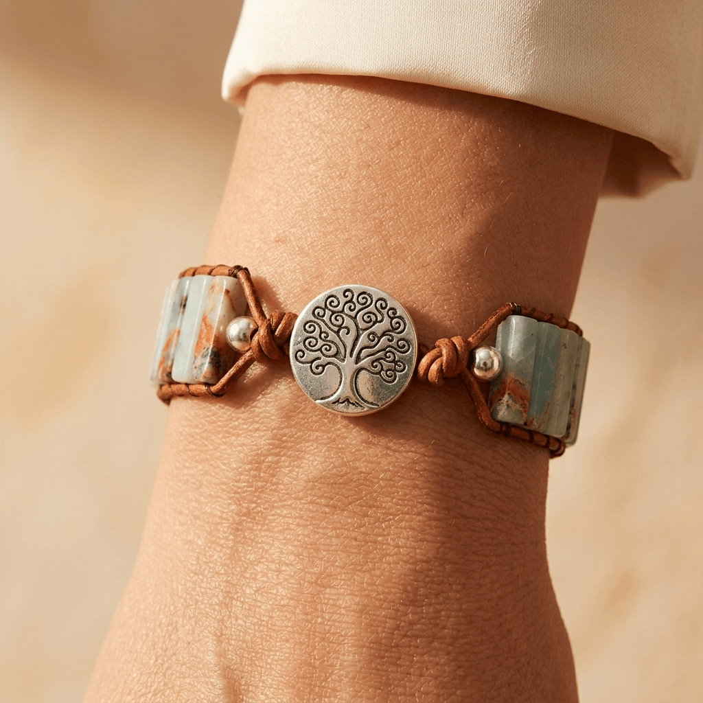Amazonite Stone Silver Tree Of Life Leather Bracelet