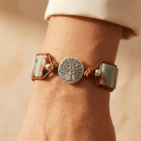 Amazonite Stone Silver Tree Of Life Leather Bracelet