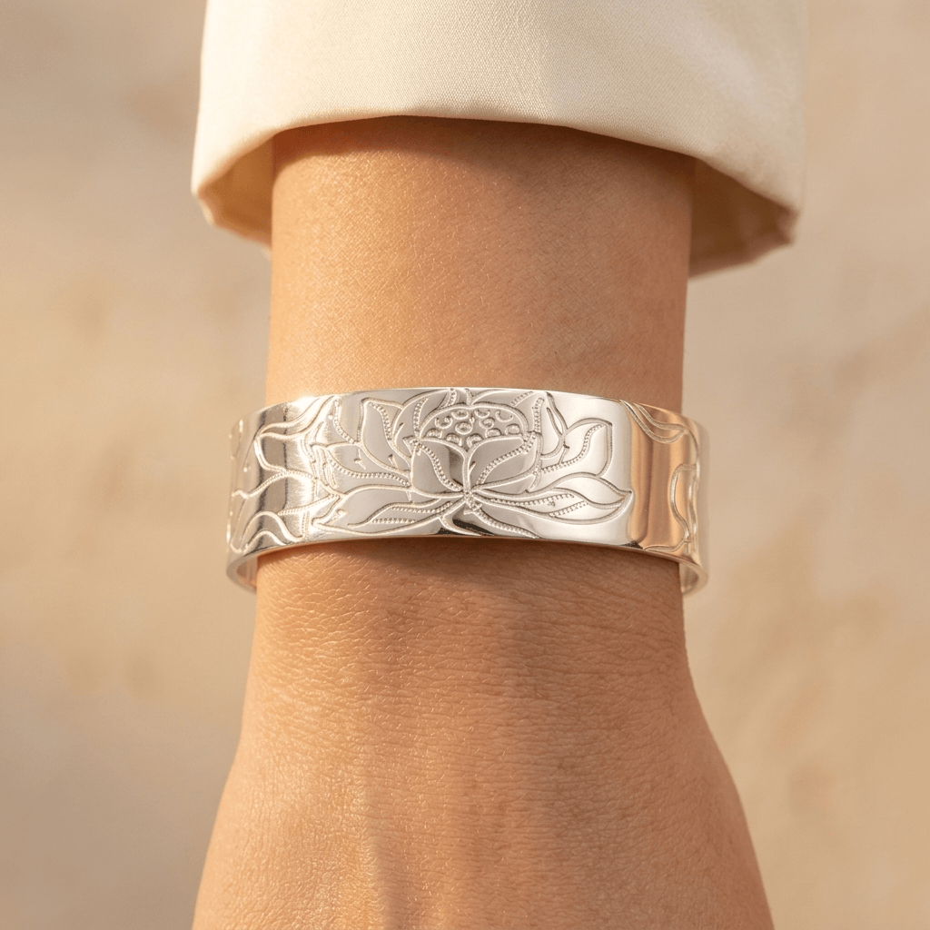 Silver Lotus Engraved Wide Bangle Bracelet