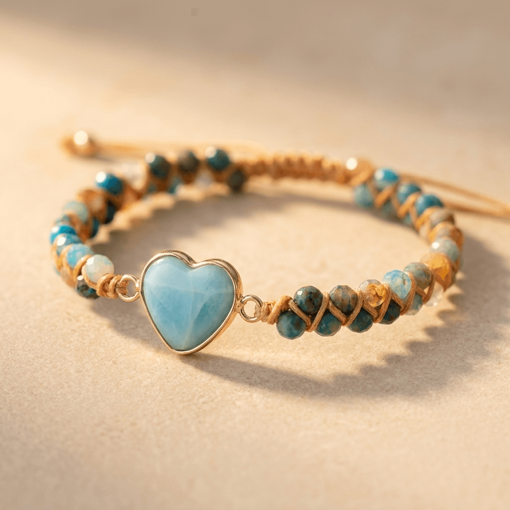 Boho Larimar Heart Gold Beaded Bracelet