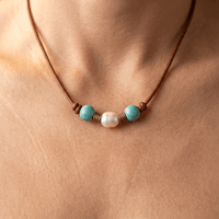 Turquoise Pearl Leather Cord Necklace