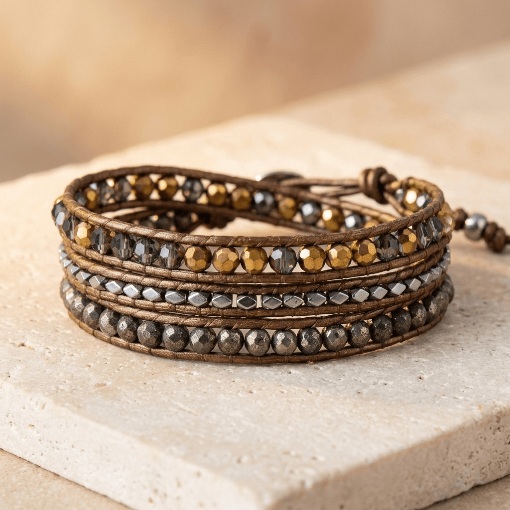 Pyrite Bronze Beaded Wrap Bracelet