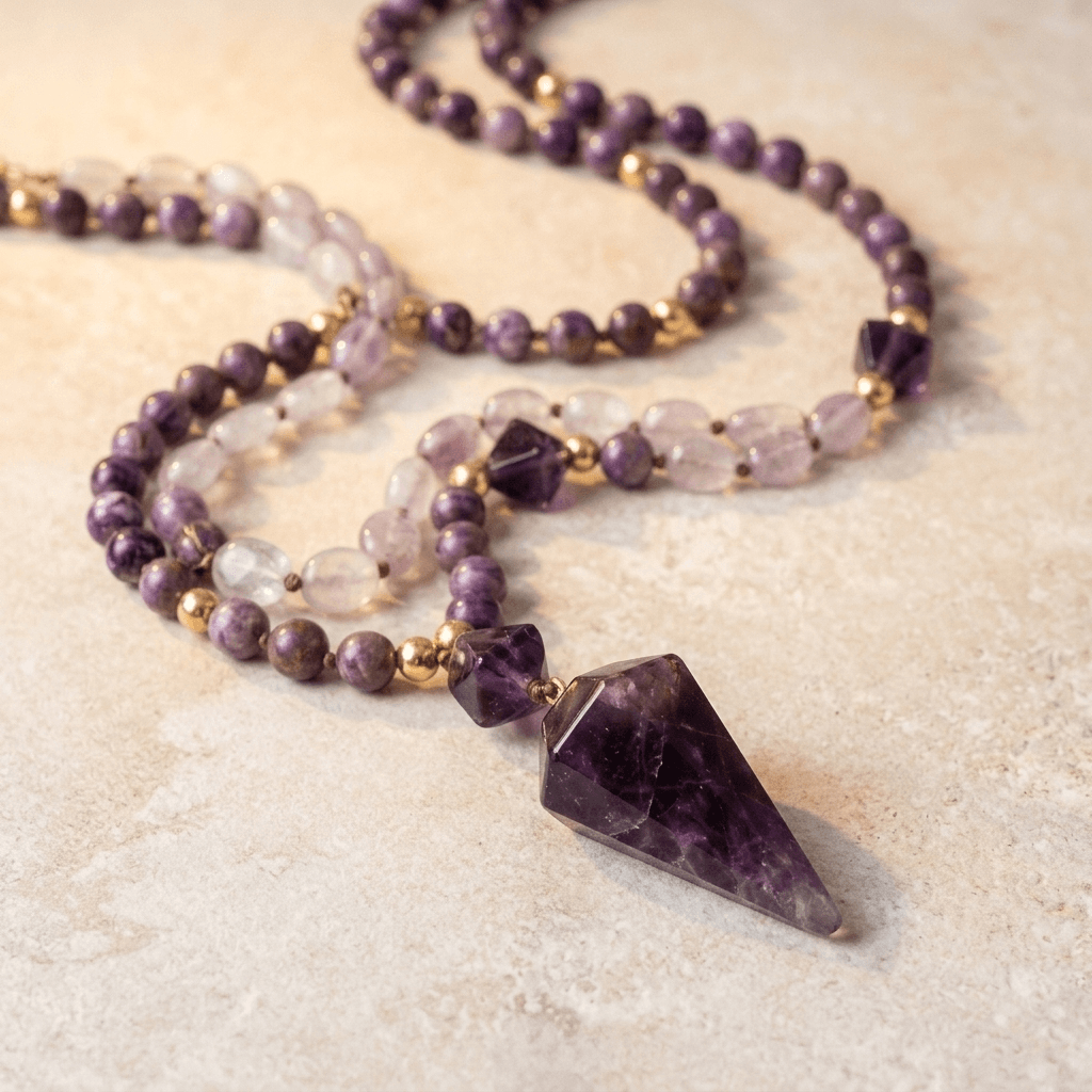 Amethyst Purple Jasper Gold Beaded Necklace