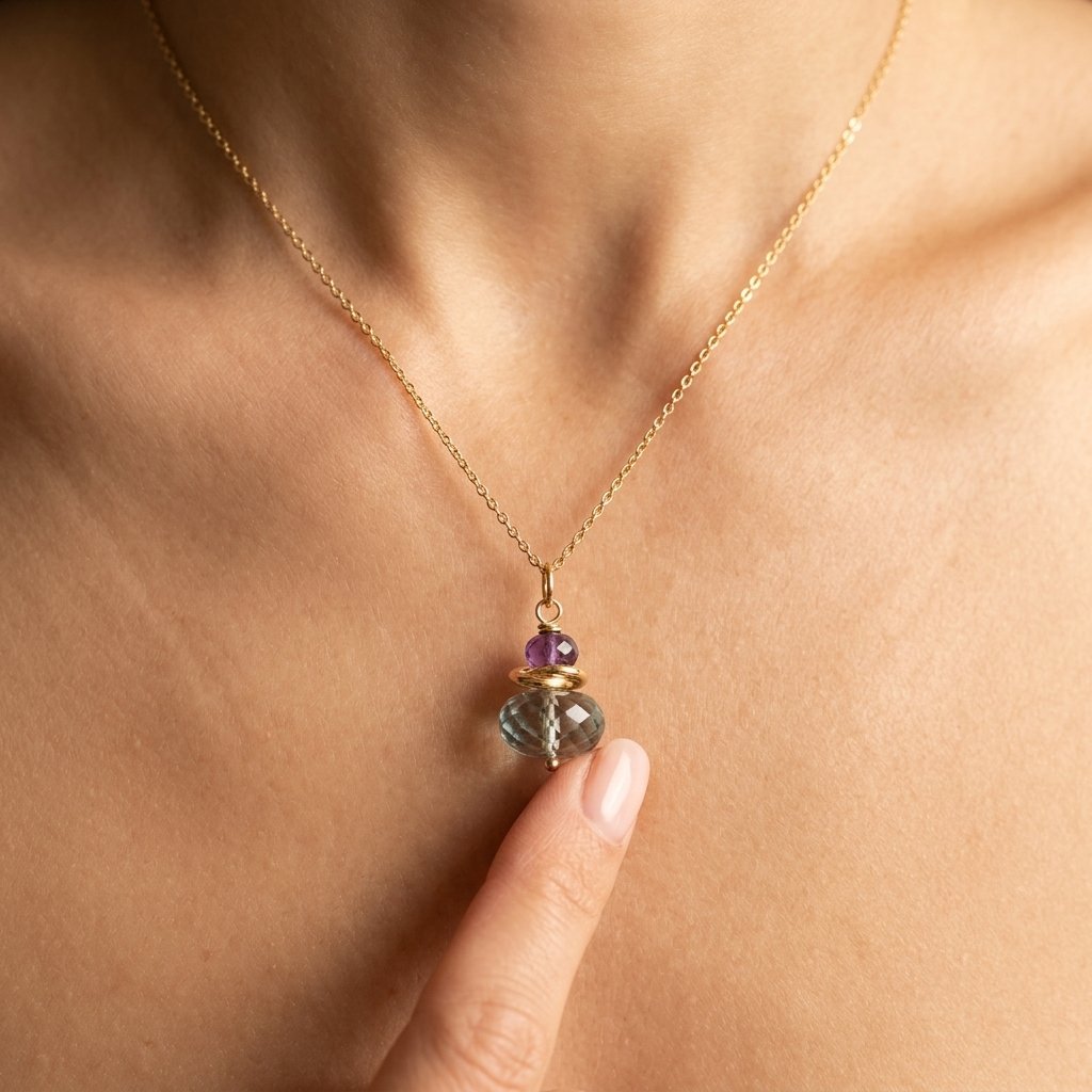 Gold Amethyst Green Fluorite Beaded Necklace