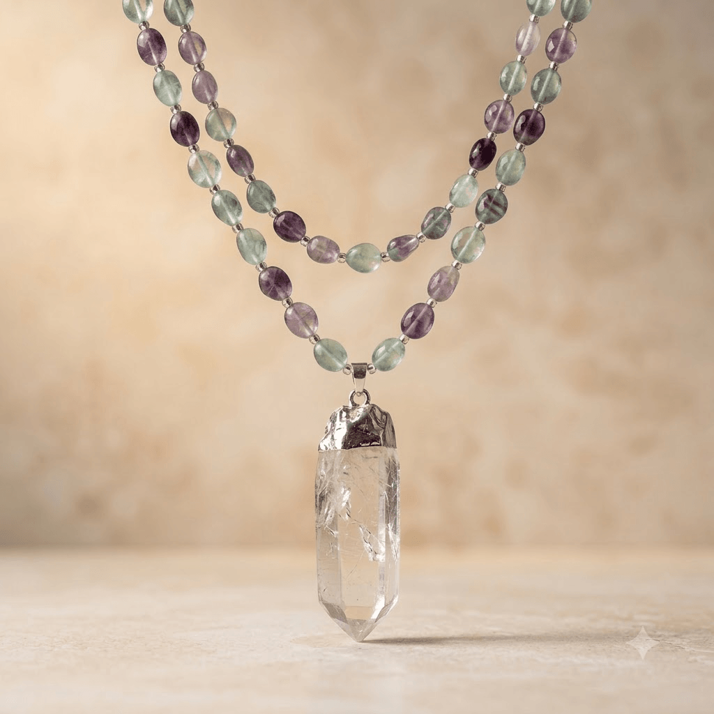 Fluorite Clear Quartz Crystal Point Pendant Necklace