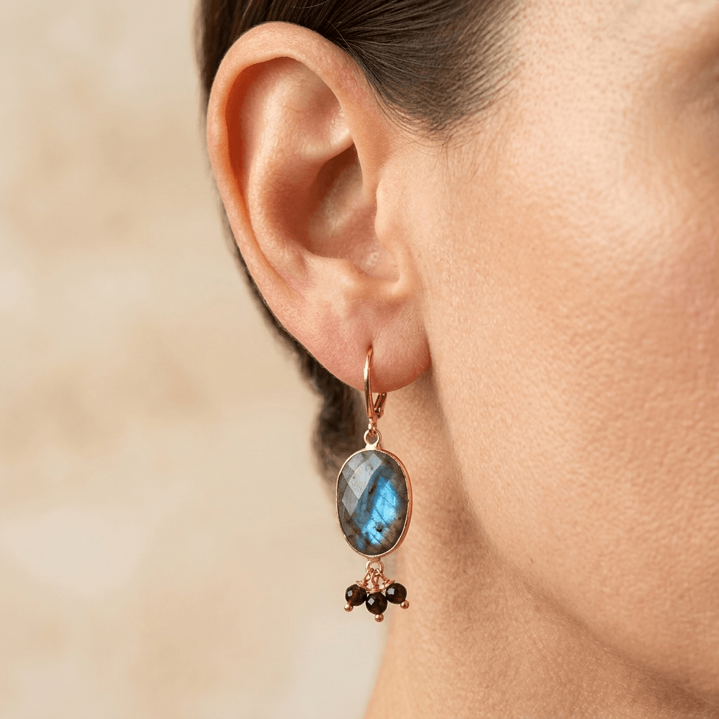 Labradorite Gold Oval Beaded Drop Earrings
