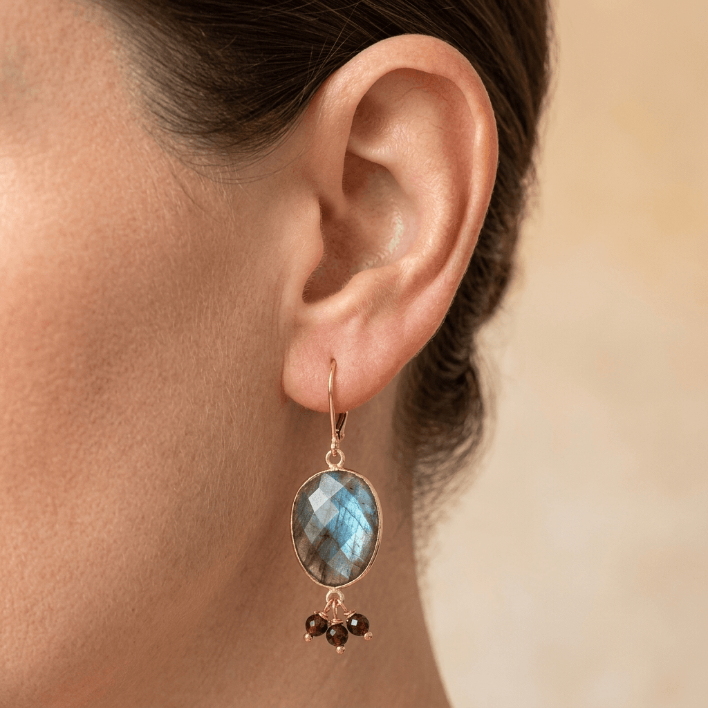Labradorite Gold Oval Beaded Drop Earrings