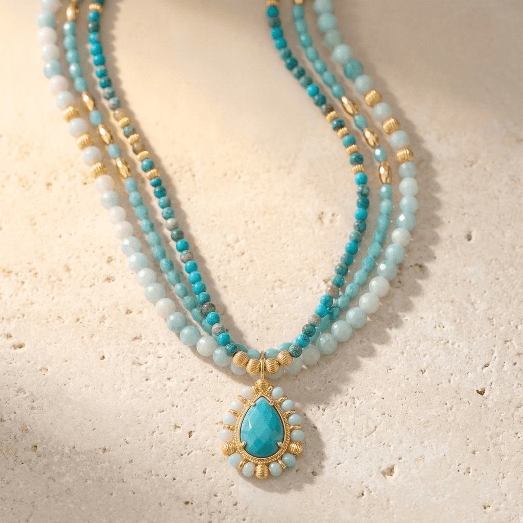 Turquoise Gold Layered Beaded Pendant Necklace