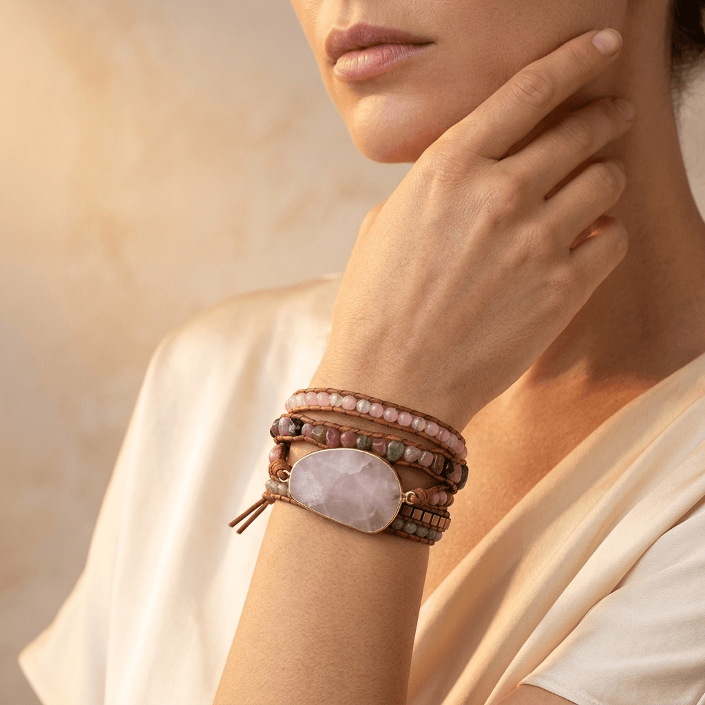 Rose Quartz Gold Beaded Wrap Bracelet