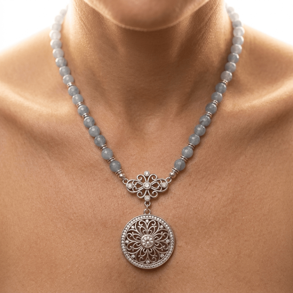 Natural Aquamarine Pearl Lotus Pendant Necklace