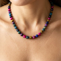 Bohemian Multicolor Tigers Eye Round Bead Necklace