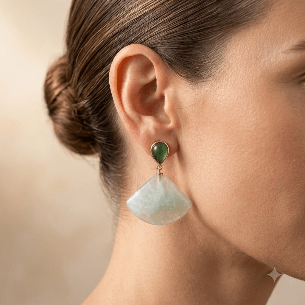 Green Jade Gold Fan Drop Earrings