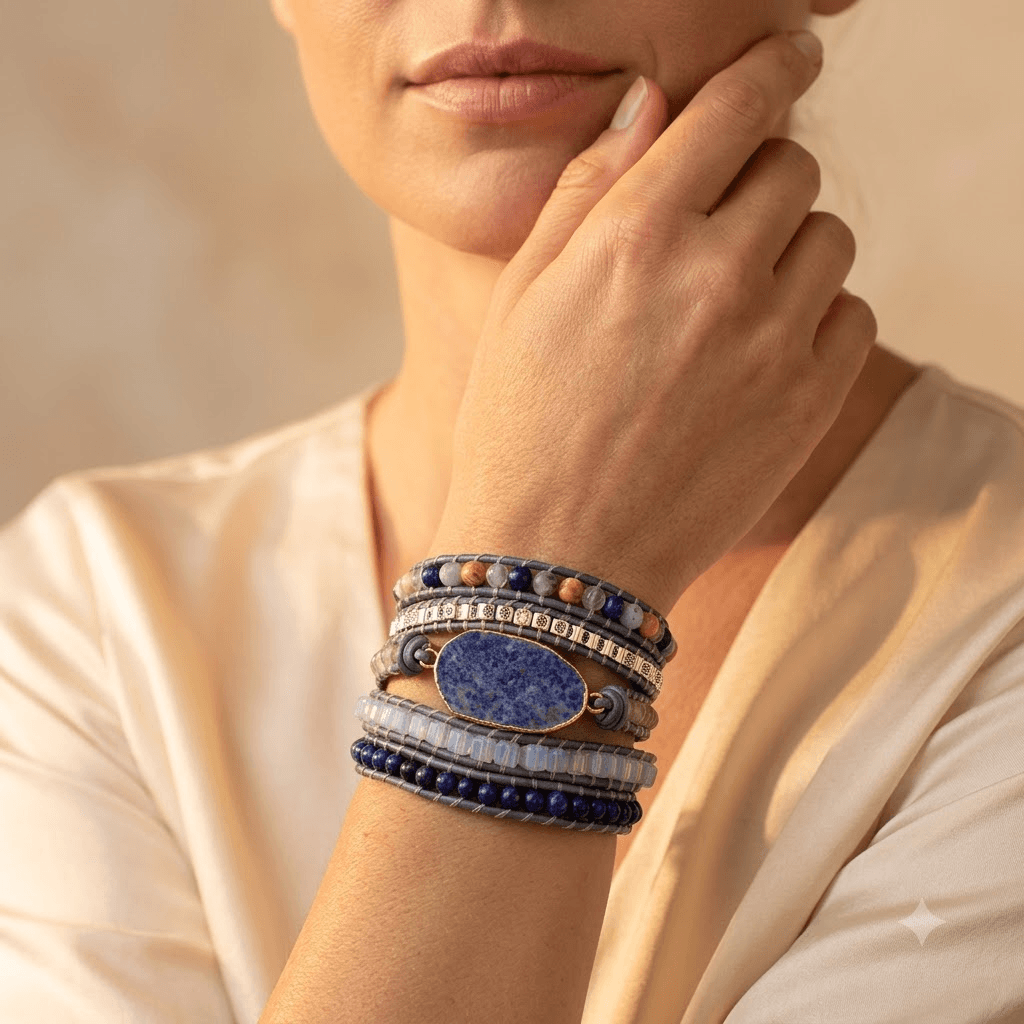 Lapis Lazuli Gold Oval Leather Wrap Bracelet