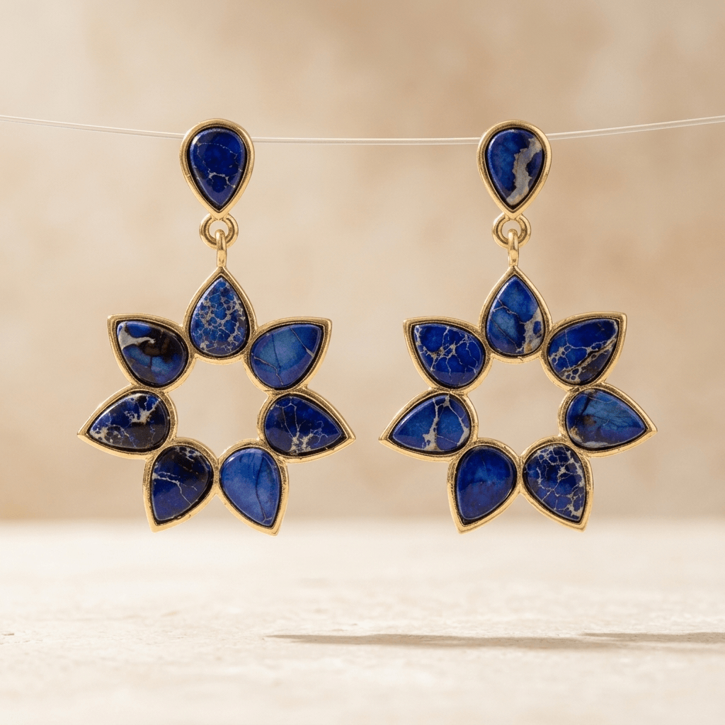 Blue Lapis Gold Flower Drop Earrings