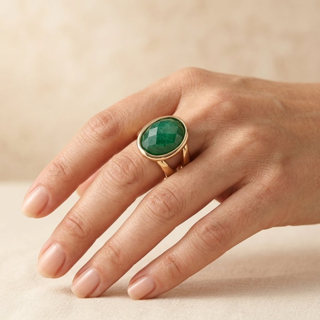 Gold Green Emerald Oval Bezel Ring
