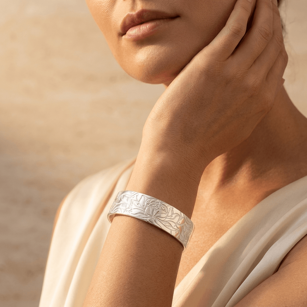 Silver Lotus Engraved Wide Bangle Bracelet