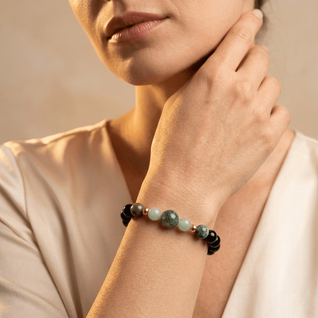 Natural Stone Beaded Bracelet With Gold Accents