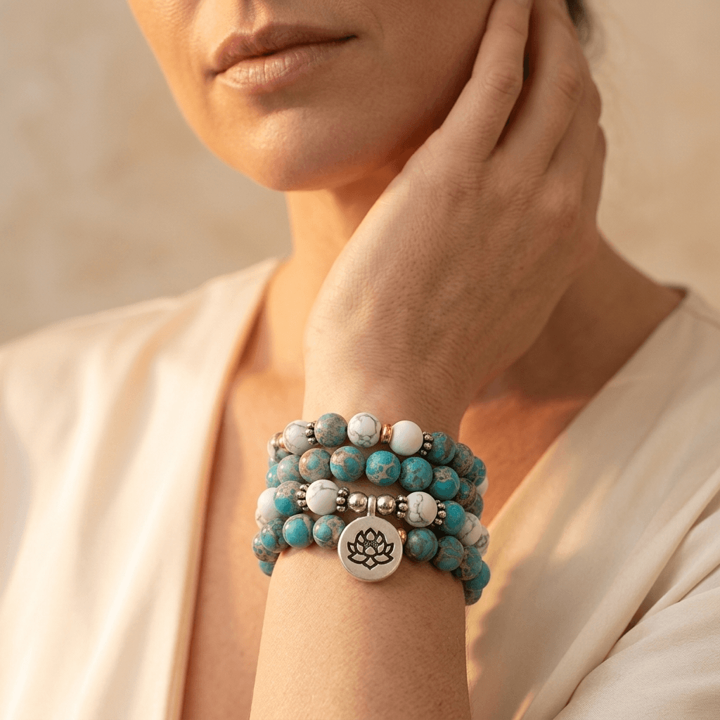 Turquoise Jasper White Howlite Lotus Charm Bracelet