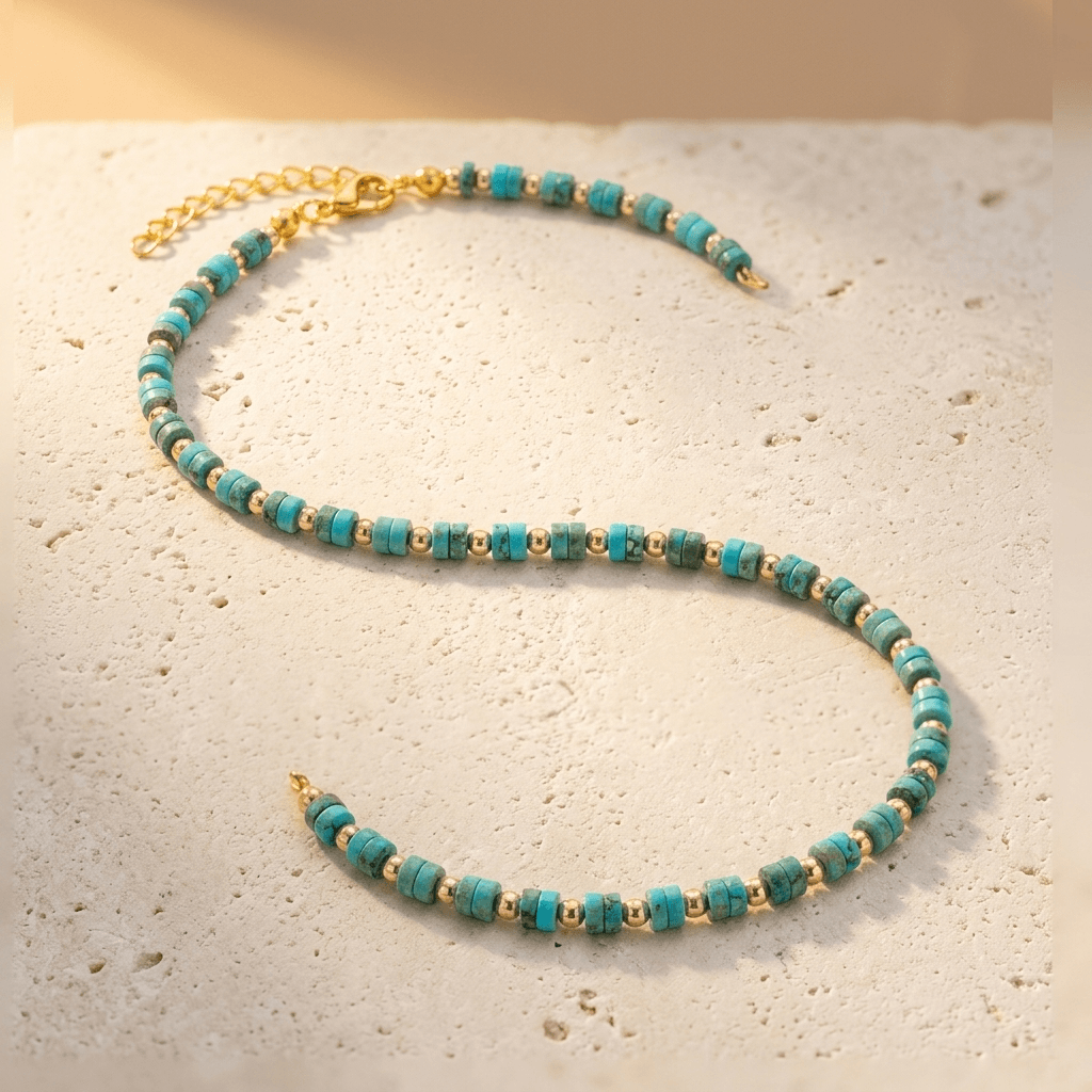 Turquoise Gold Beaded Oval Pendant Necklace