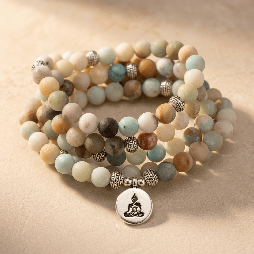 Matte Amazonite Gemstone Beaded Buddha Bracelet