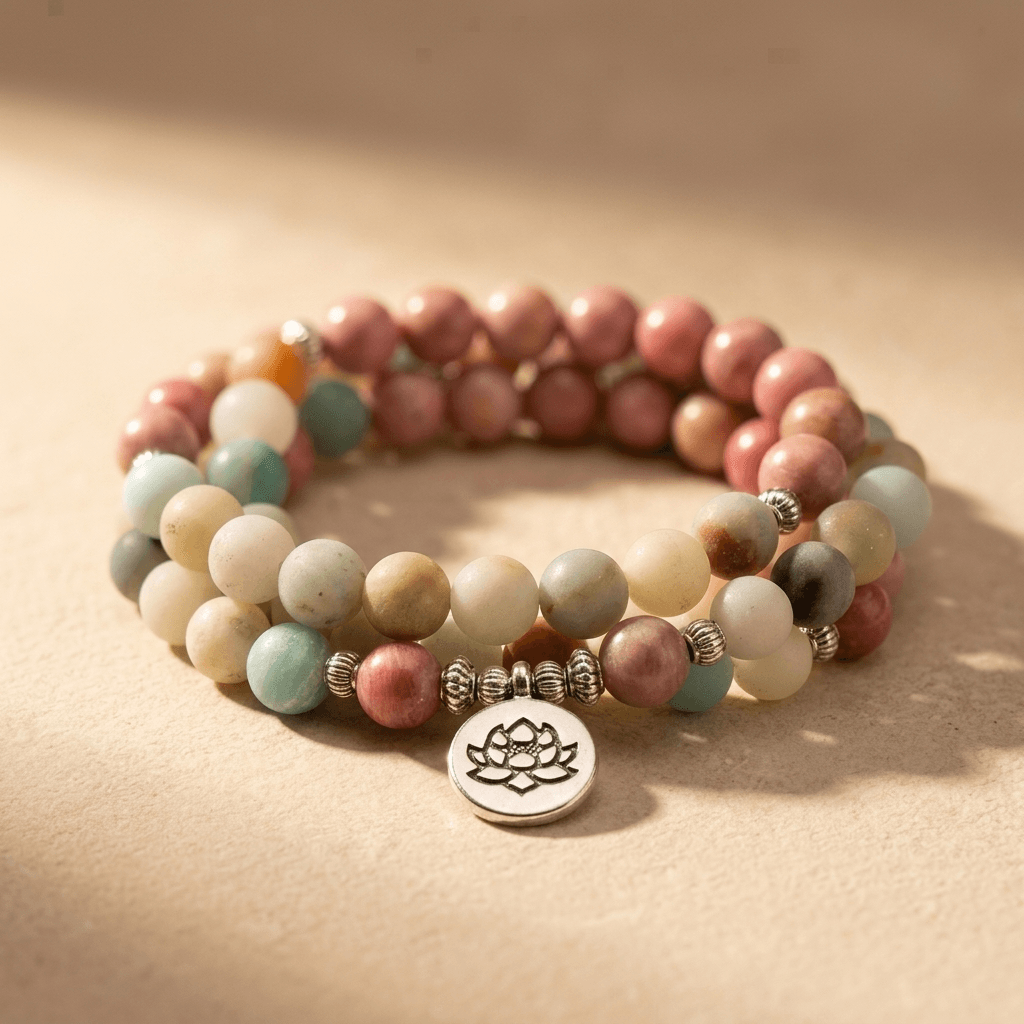 Natural Rhodonite Amazonite Mala Bead Bracelet