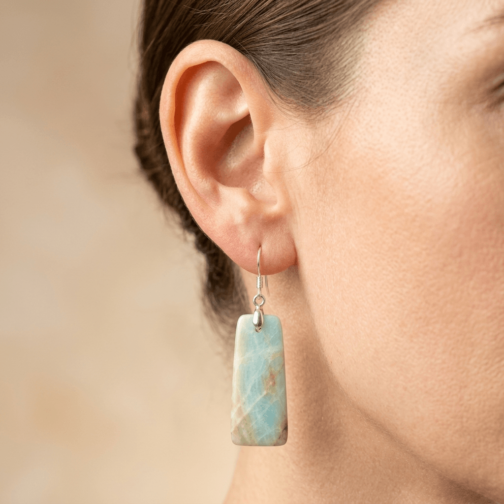 Natural Amazonite Silver Rectangle Drop Earrings
