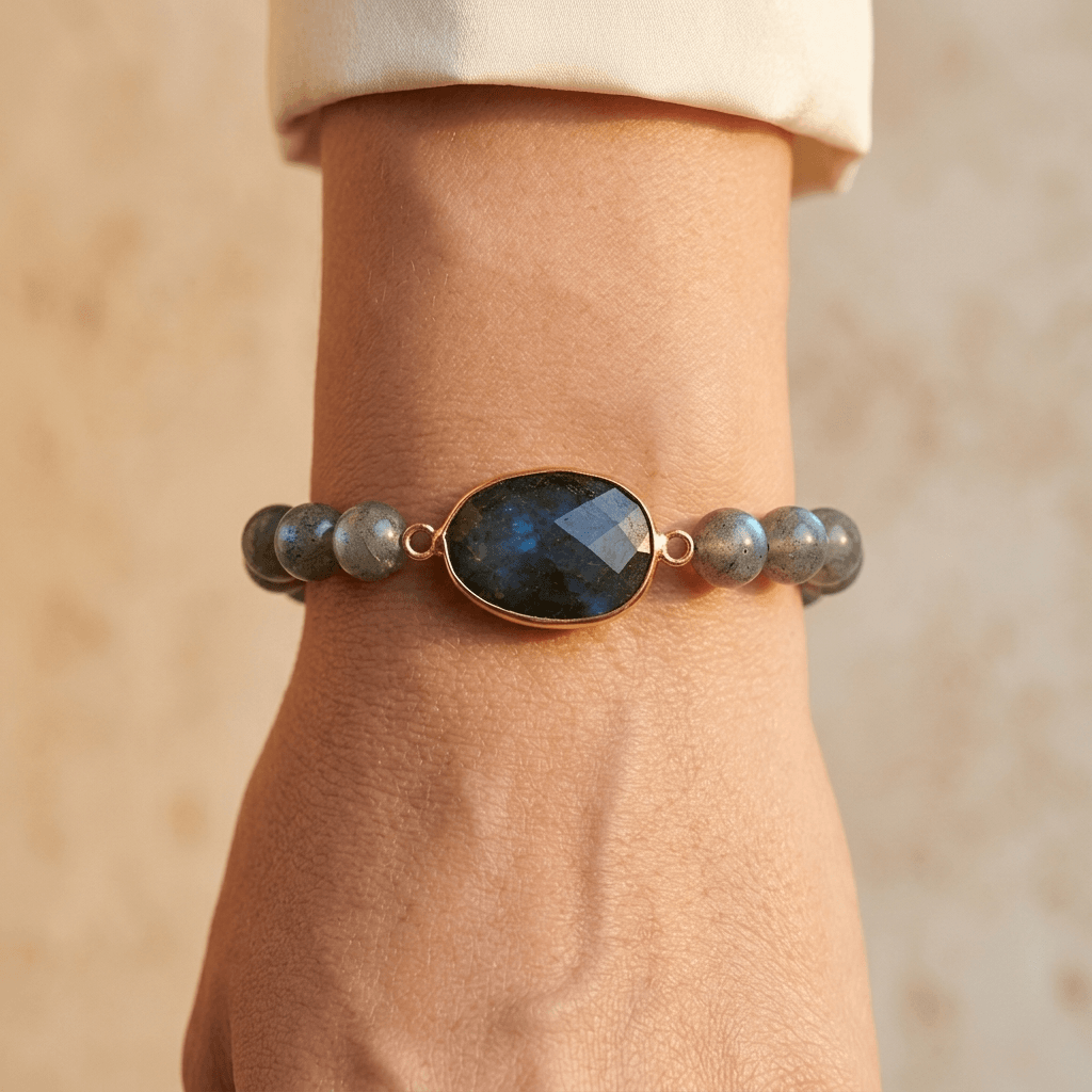 Blue Labradorite Gold Oval Beaded Bracelet