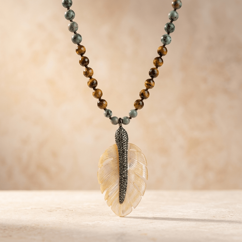 Boho Beaded Tiger Eye Seashell Leaf Necklace