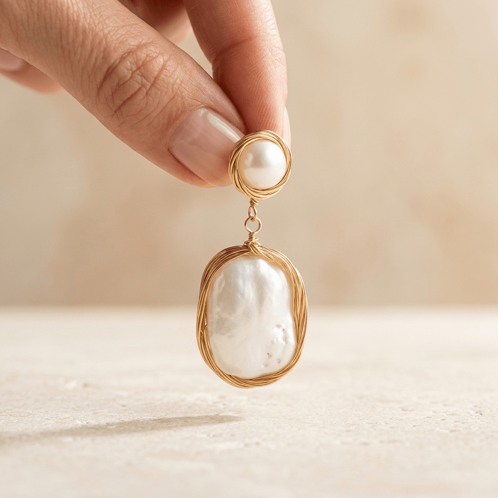 Gold Wire Wrapped Pearl Drop Earrings