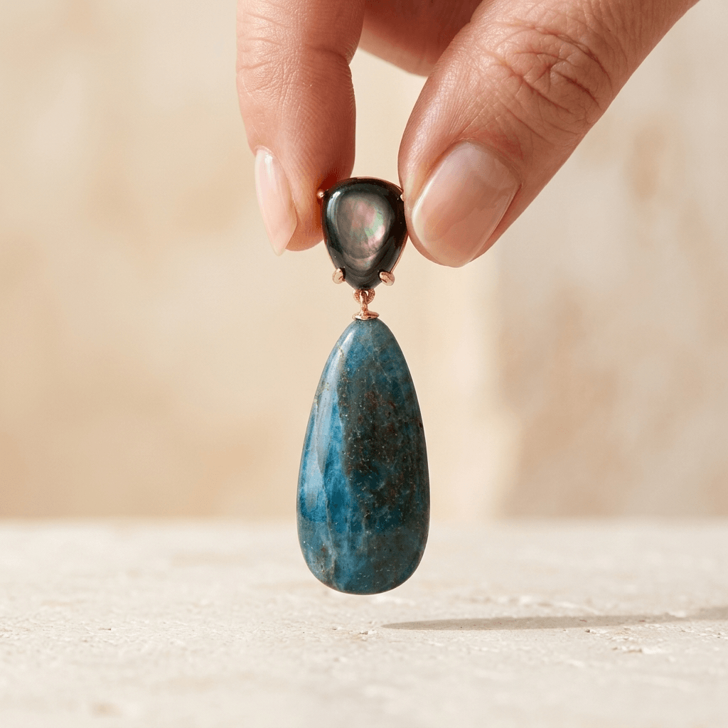 Blue Apatite Shell Pearl Gold Drop Earrings
