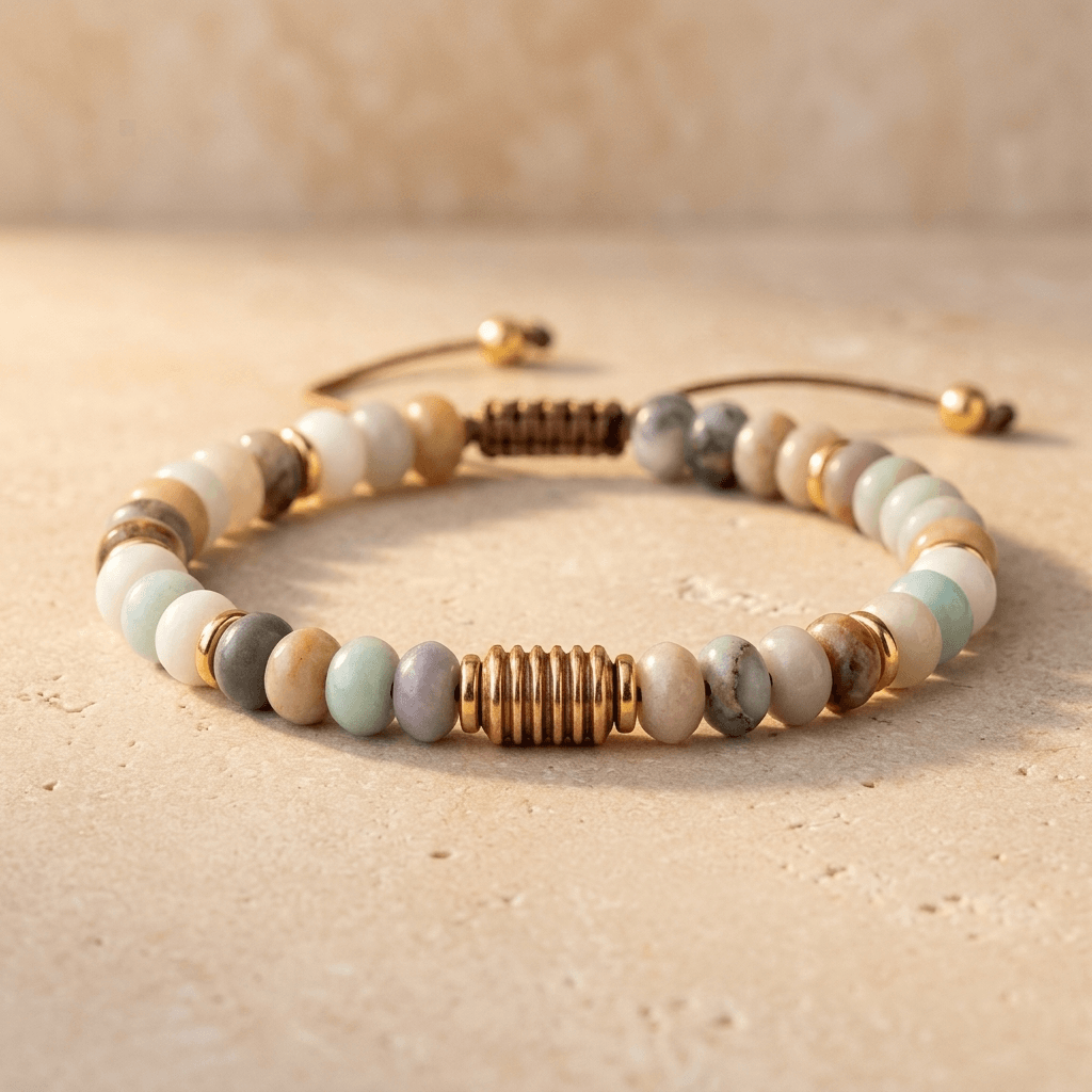 Natural Amazonite Gold Beaded Adjustable Bracelet