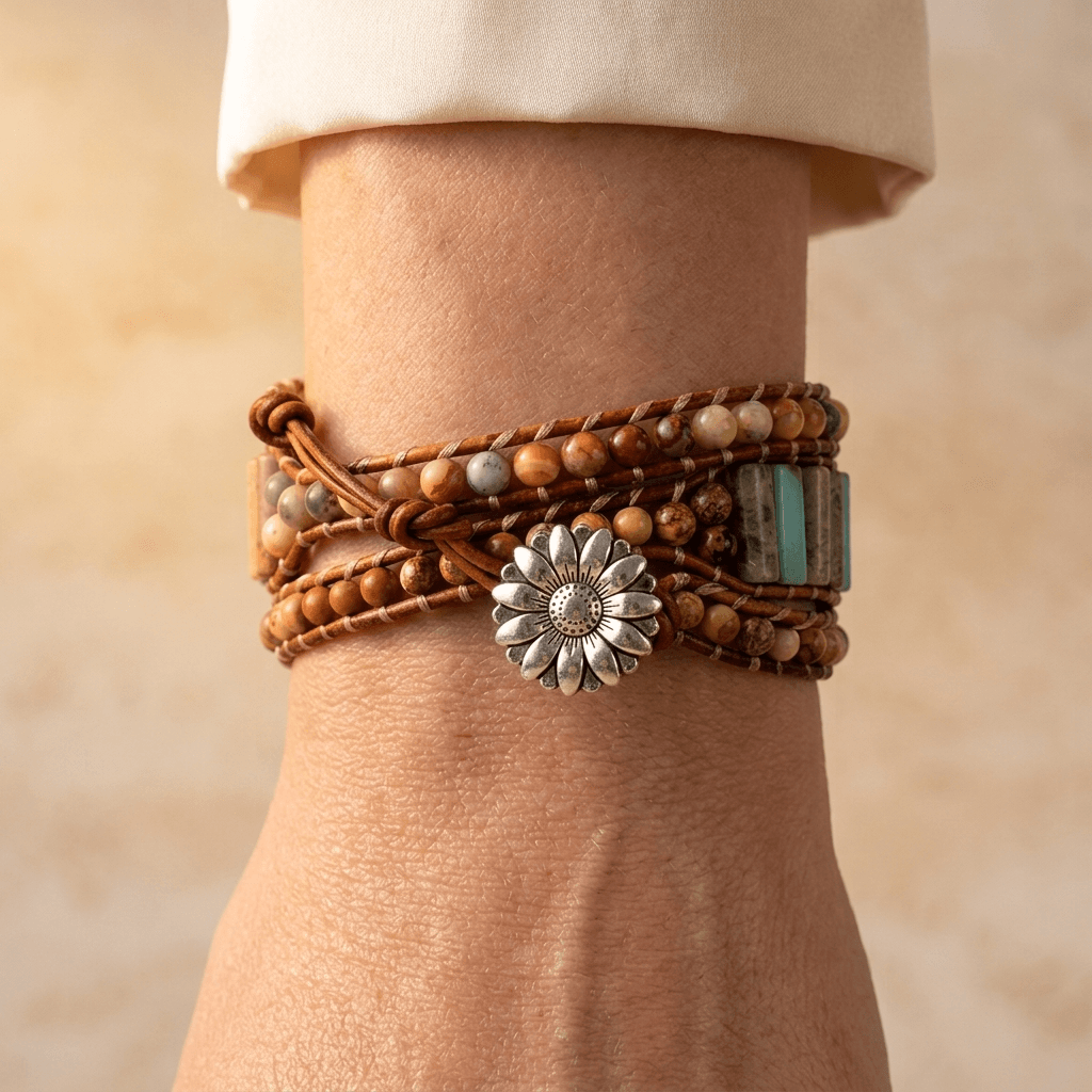 Natural Jasper Sunflower Charm Leather Wrap Bracelet