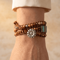 Natural Jasper Sunflower Charm Leather Wrap Bracelet
