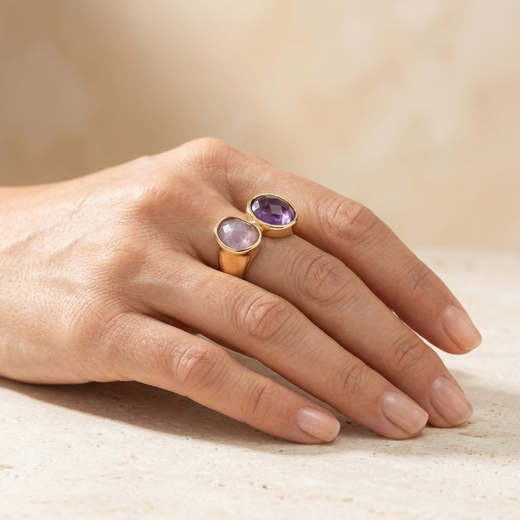 Gold Dual Oval Amethyst Rose Quartz Ring