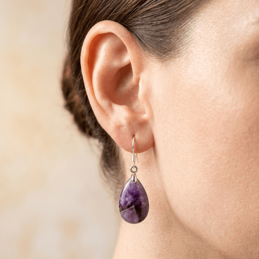 Natural Amethyst Silver Teardrop Drop Earrings