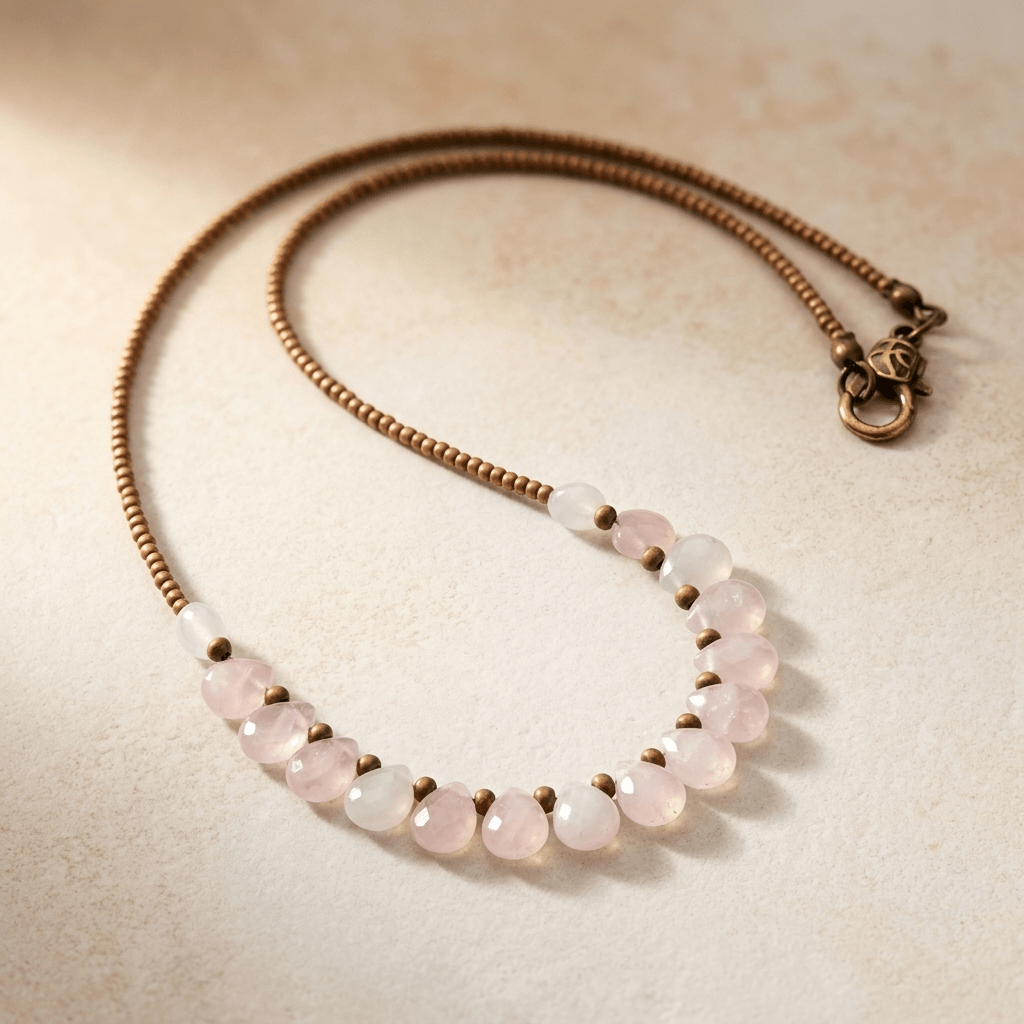 Rose Quartz Teardrop Brass Beaded Necklace