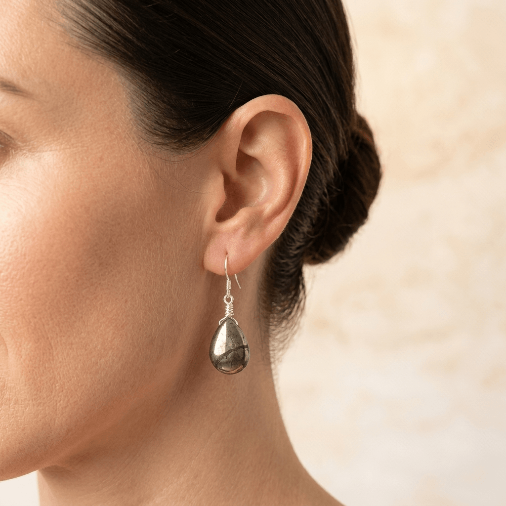 Natural Pyrite Teardrop Silver Earrings