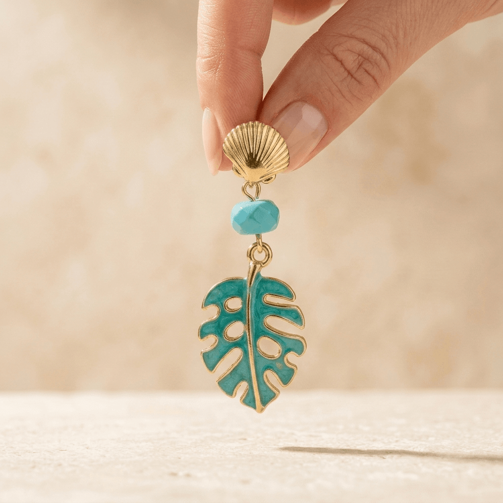 Tropical Gold Turquoise Leaf Drop Earrings