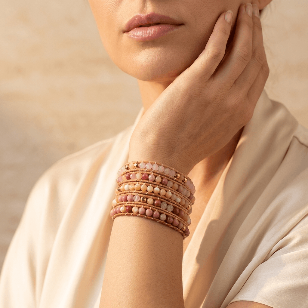 Natural Rose Quartz Leather Wrap Bracelet
